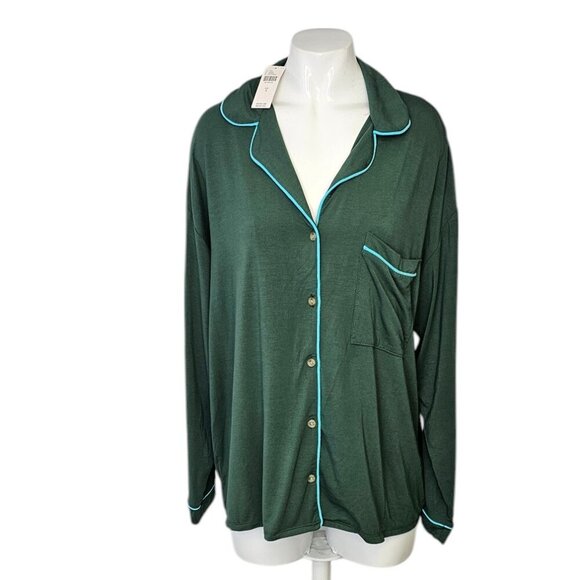 Anthropologie Womens Briar Piped Lounge Sleepwear Long Sleeve Shirt, Green, S - Picture 1 of 8